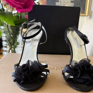 Caparros Black Floral Open-Toe Ankle-Strap Heels with Rosette
